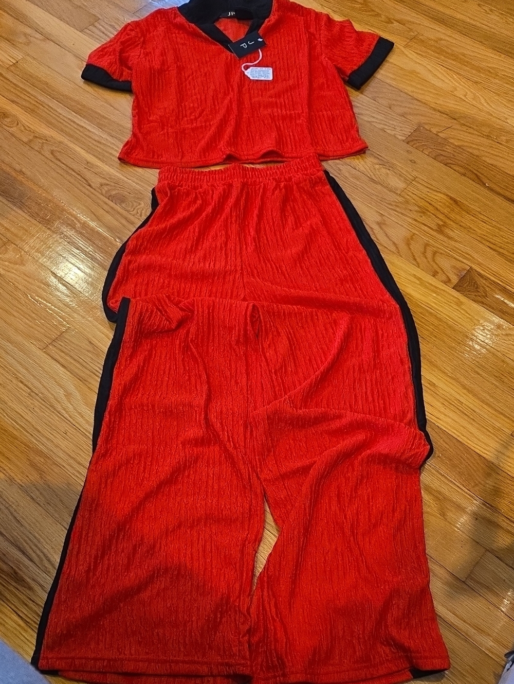 Red Wide-Leg 2 Piece Pant Set with Black Trim